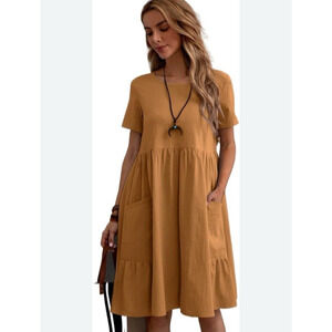 SHEIN Orange Dress Large A Line Gauzy Pockets Flowy Summer Boho